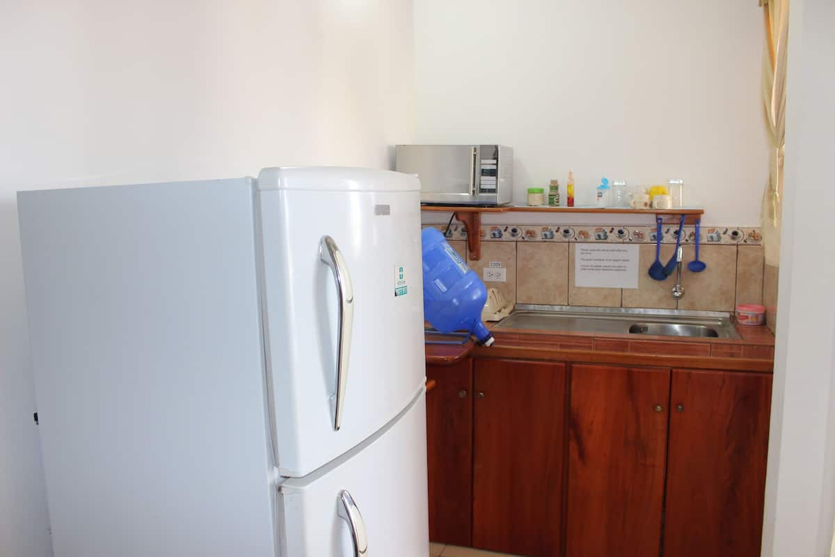 A compact kitchen with a white refrigerator, a microwave, wooden cabinets, and a sink.