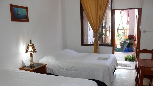 A hotel room with two beds, a nightstand with a lamp, a window with curtains, and a view of the outside. - Galapagos Best Hostel (Puerto Ayora)