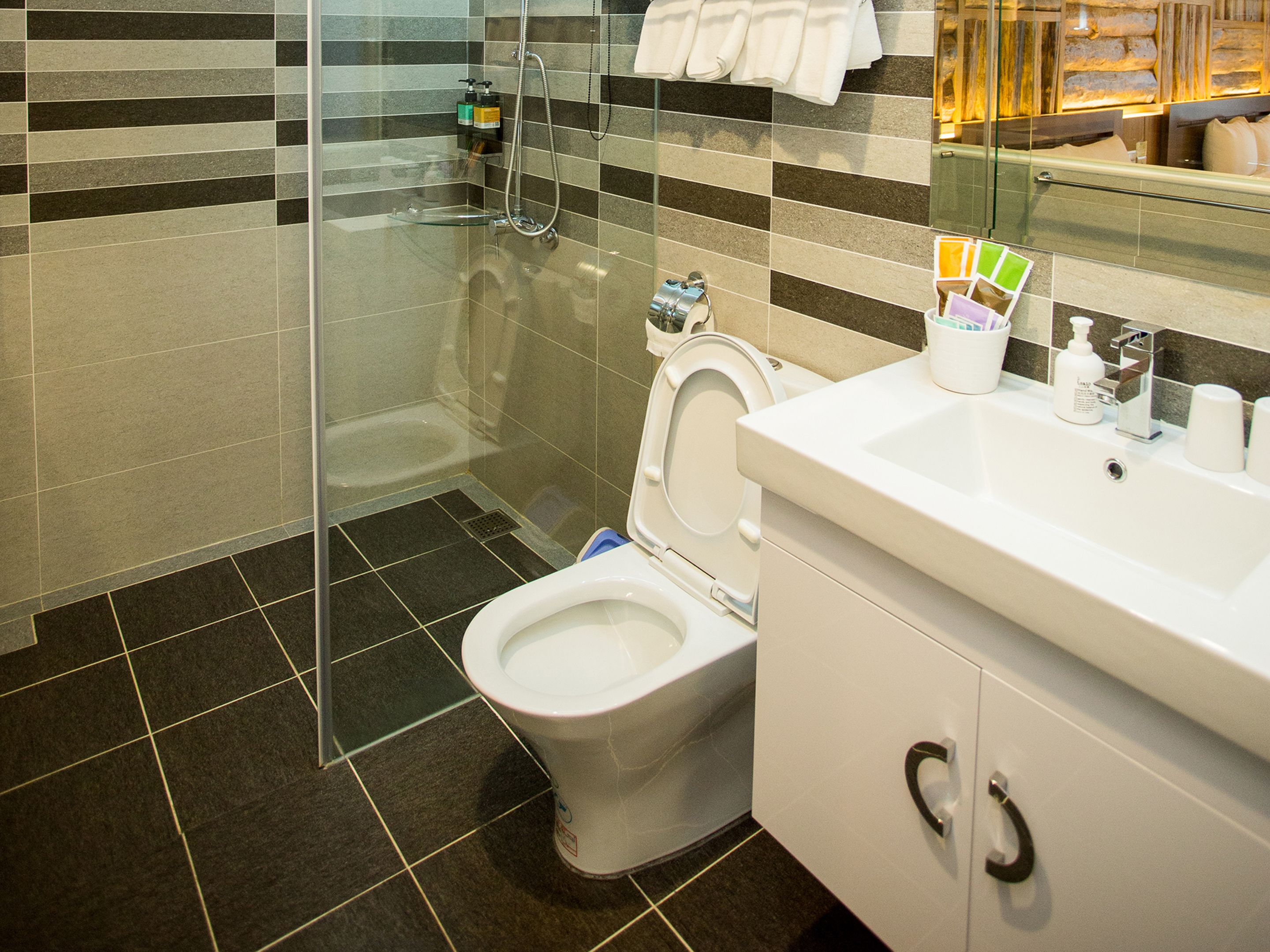 Une salle de bain moderne avec une douche à parois de verre, des toilettes blanches et un meuble-lavabo avec un miroir.