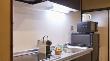 Japanese Style Town House | Private kitchen | Full-size fridge, microwave, stovetop, espresso maker