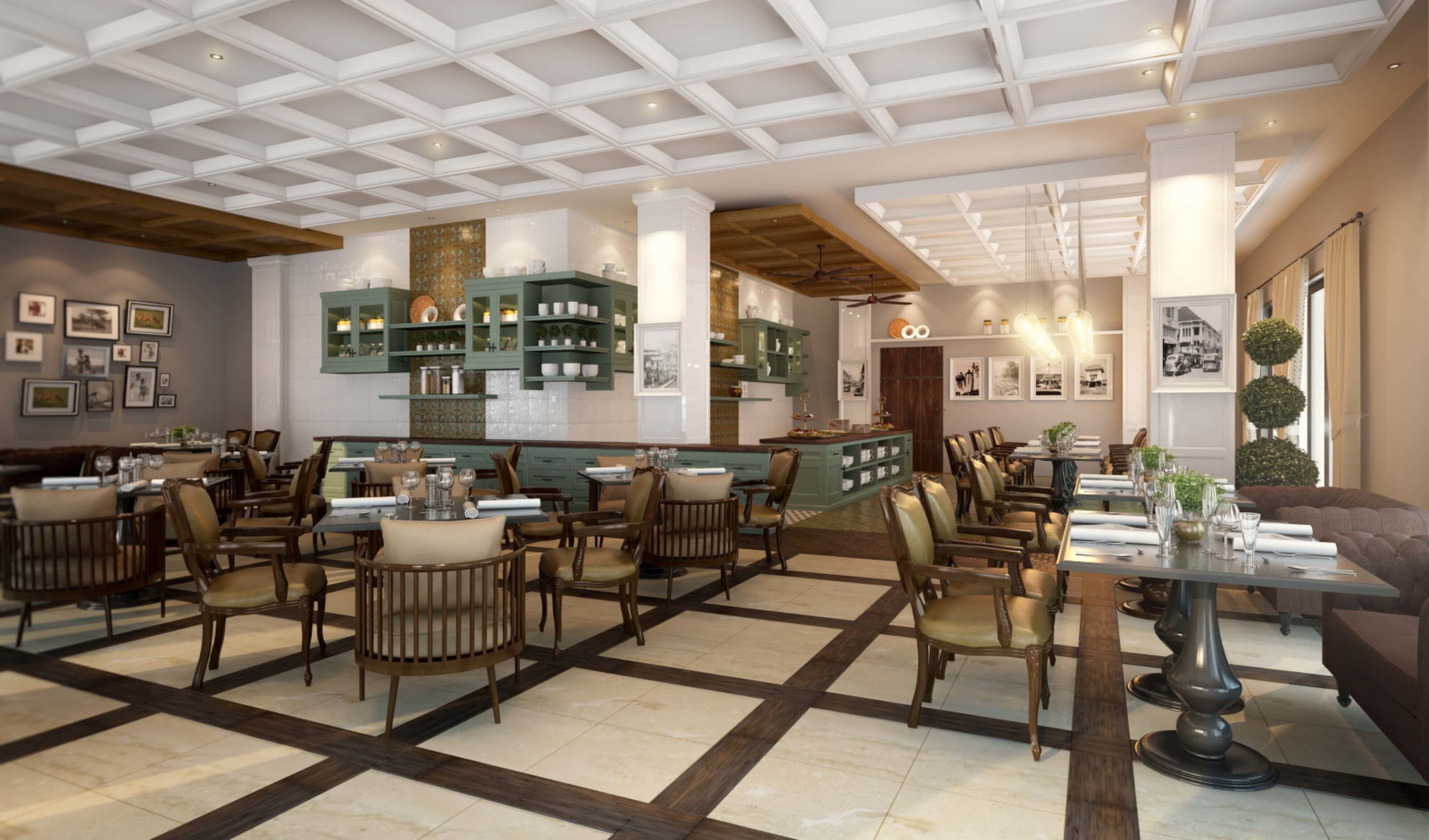 A spacious dining area with multiple tables and chairs, a central bar area with green cabinets, and a ceiling with a grid pattern.