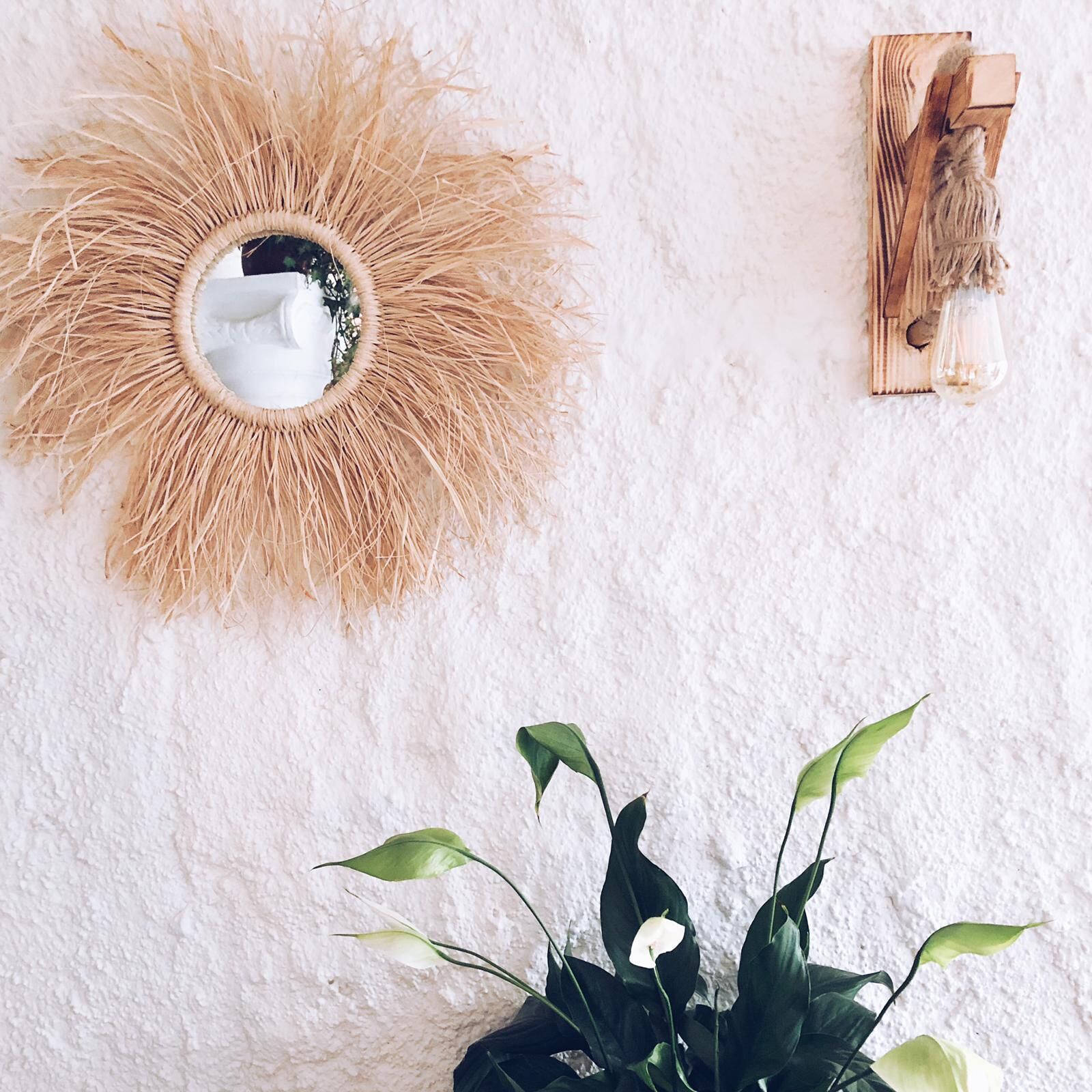 A room with a round mirror, a potted plant, and a wooden object on the wall.