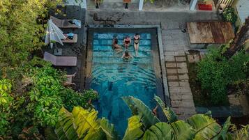 Outdoor pool, pool umbrellas, pool loungers