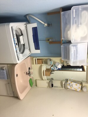 Une petite salle de bain équipée d’un lave-linge, d’un lavabo et de toilettes.