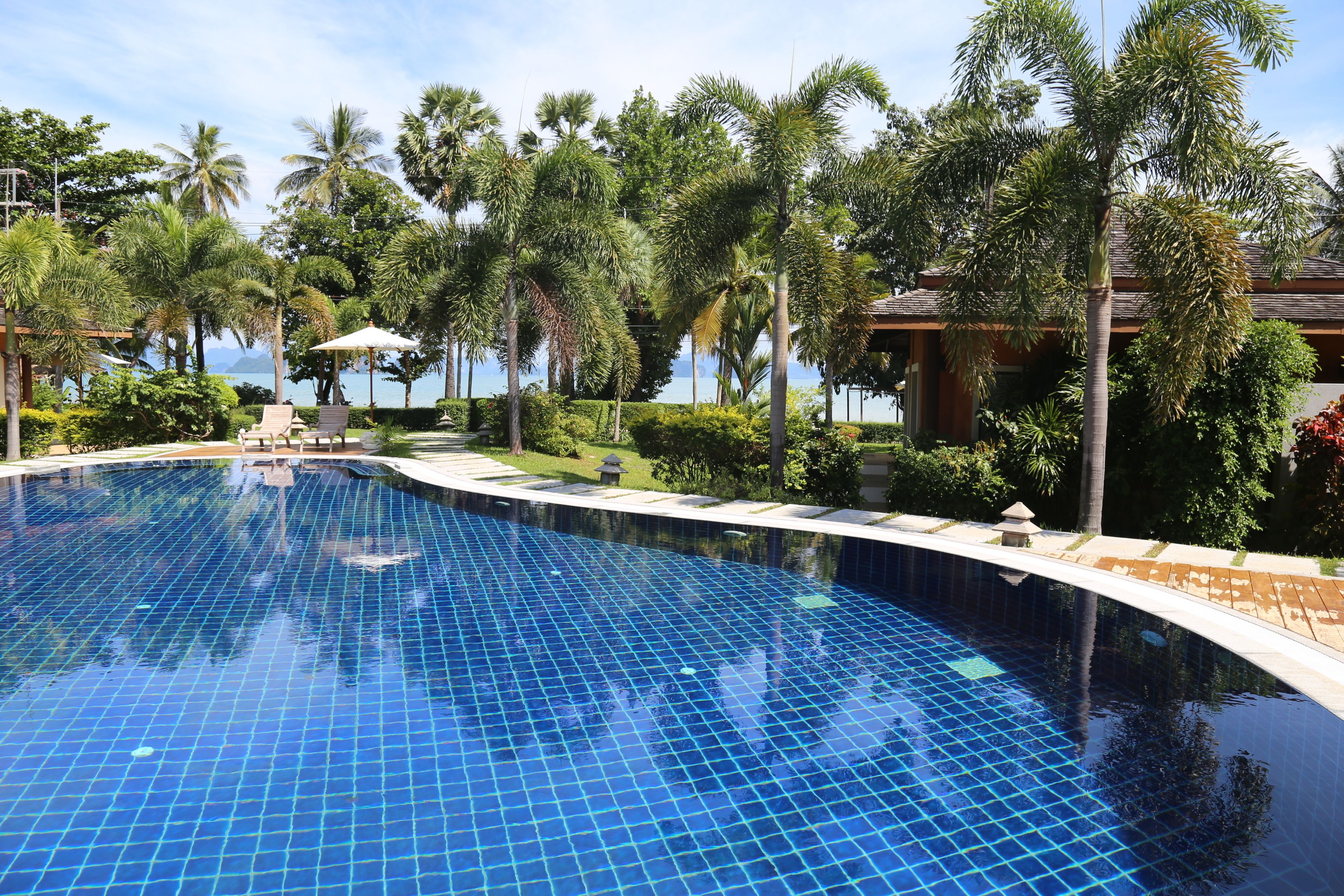 outdoor pool, pool umbrellas, pool loungers