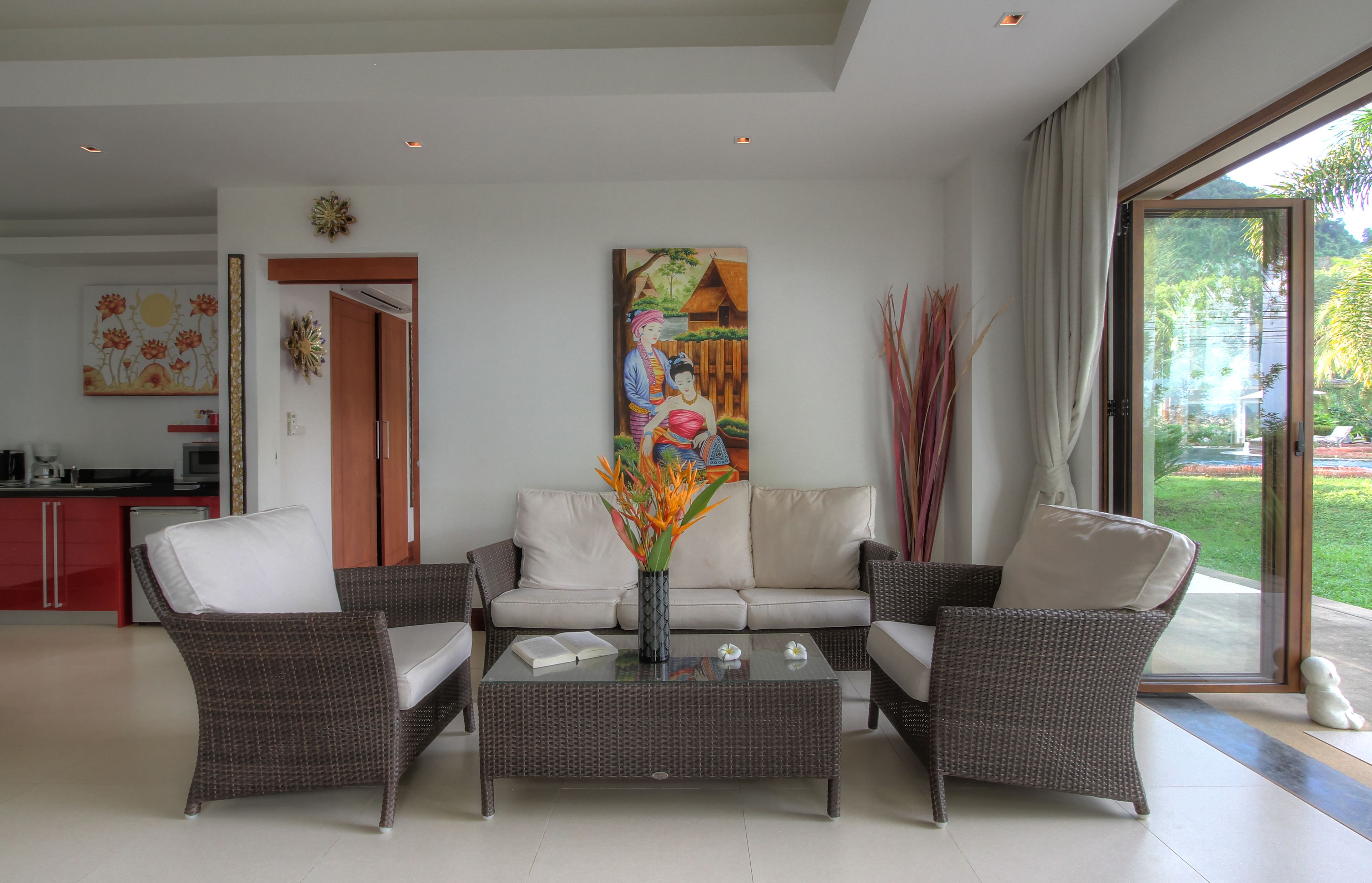 deluxe villa, 1 king bed, partial sea view | living area | 52-inch smart tv with digital channels, tv