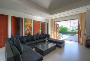 Deluxe Villa, 2 Bedrooms, Private Pool, Partial Ocean View | Living area | 52-inch Smart TV with digital channels, TV