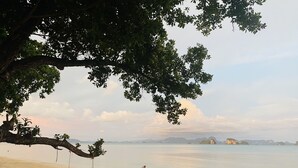 A beach scene with a swing under a tree, calm sea, and distant islands.