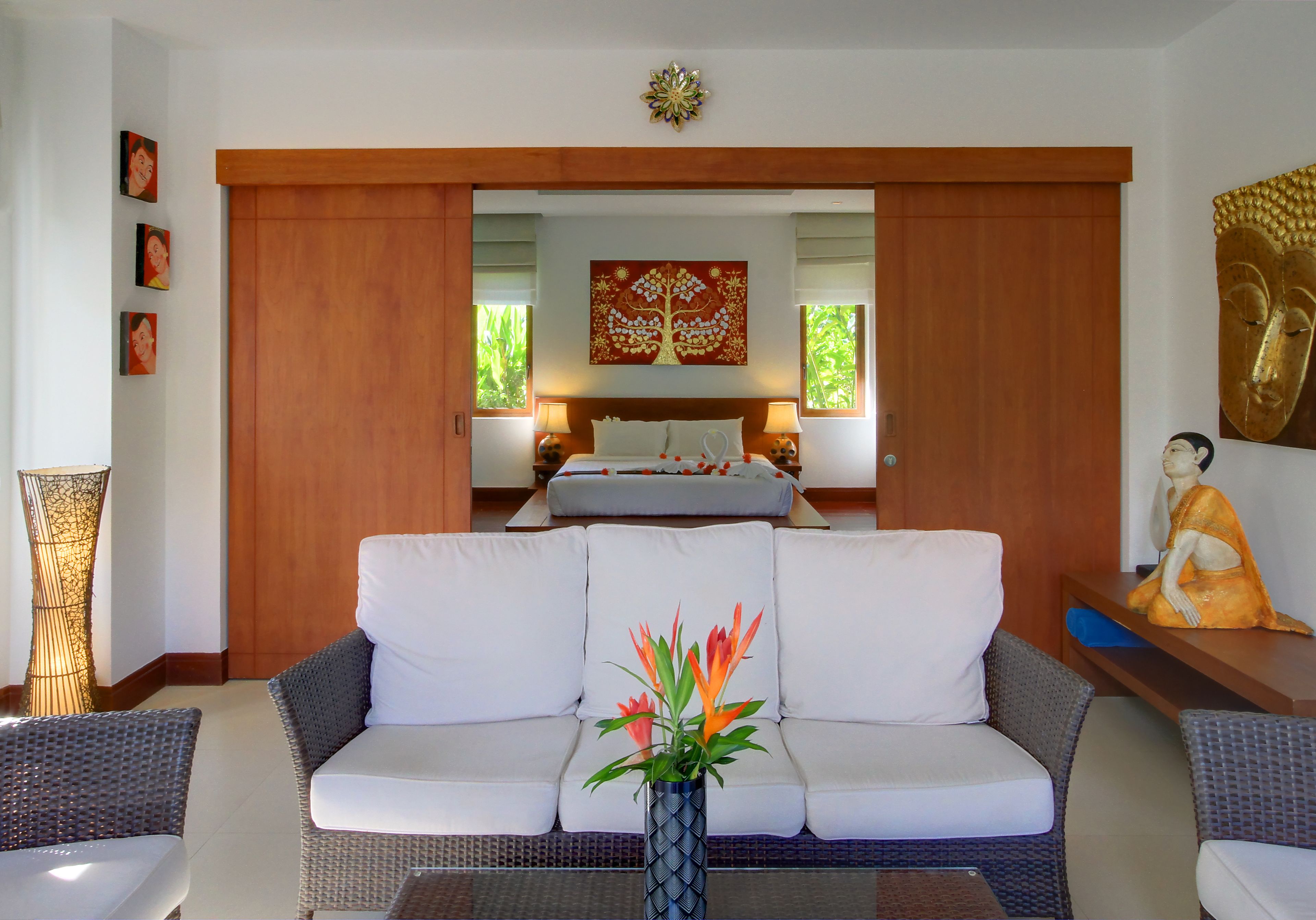 deluxe villa, 1 king bed, partial sea view | living room | 52-inch smart tv with digital channels, tv