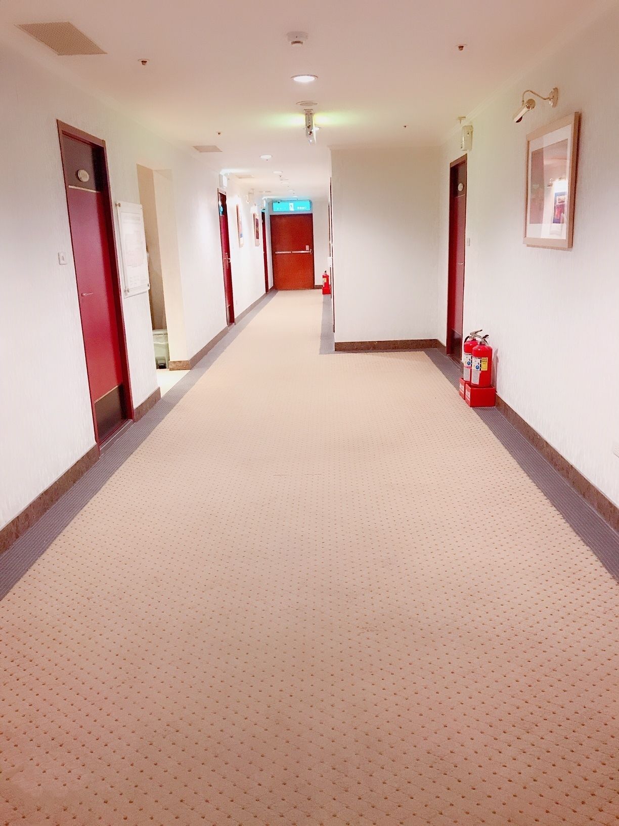 Een hotelgang met een tapijten vloer, deuren aan beide zijden en een brandblusser aan de rechterkant.