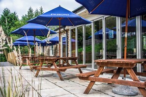 Mesas de madera al aire libre y sombrillas azules con el logo de Peroni Italia, frente a puertas de cristal y follaje.