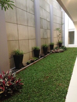 A corridor with a tiled wall, potted plants, and a grassy area.