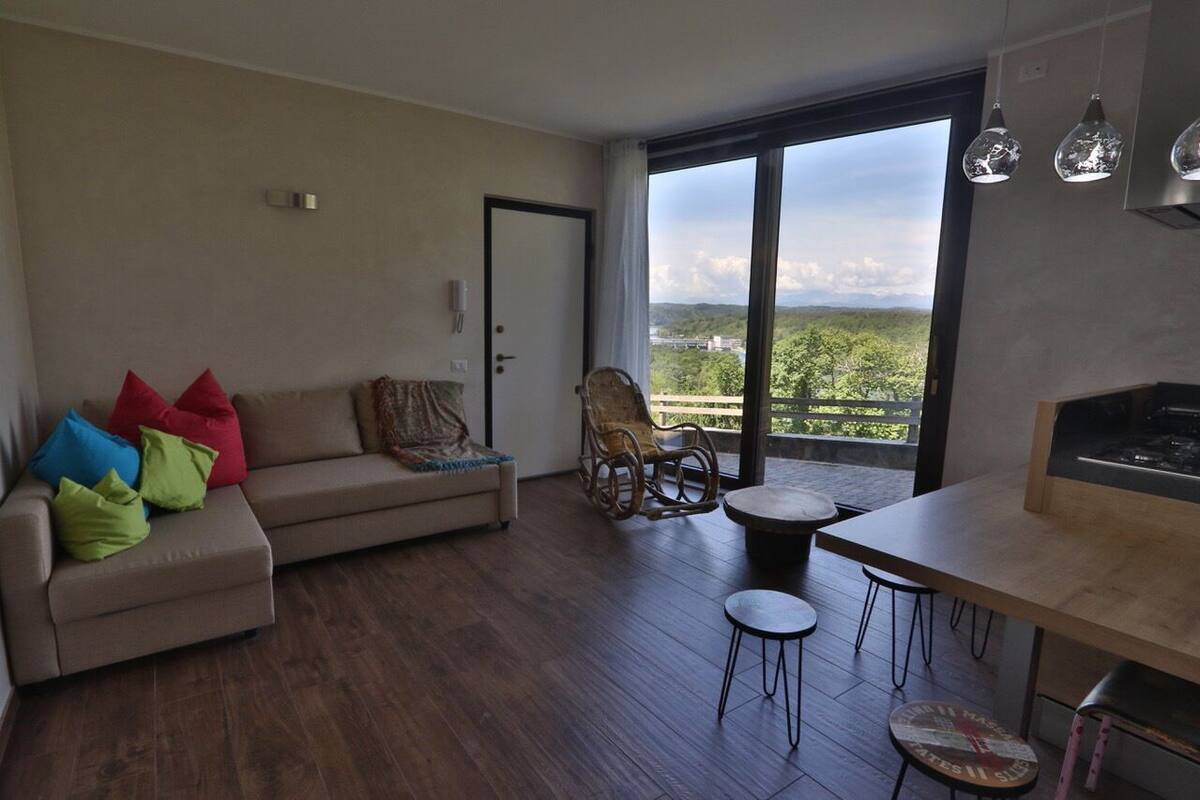 A modern living room with a sofa, colorful cushions, a wicker chair, a dining table, and a view of greenery through large windows.