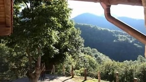 A wooden structure with a view of a forested mountain range. - Casería La Infiesta (Caso)