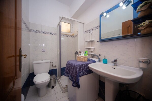 A bathroom with a toilet, a sink, and a shower.