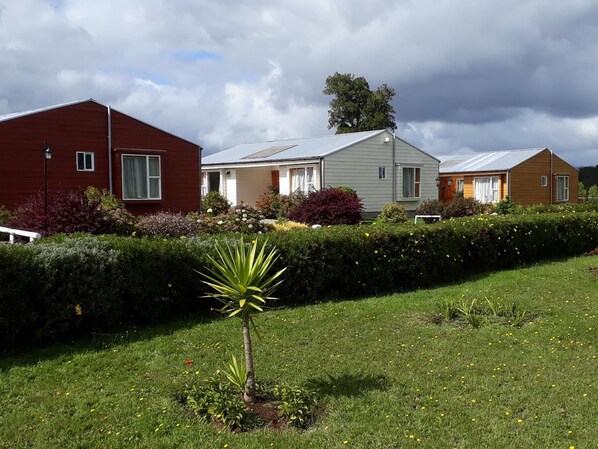 Uma fileira de casas térreas com gramado e sebes bem cuidadas.