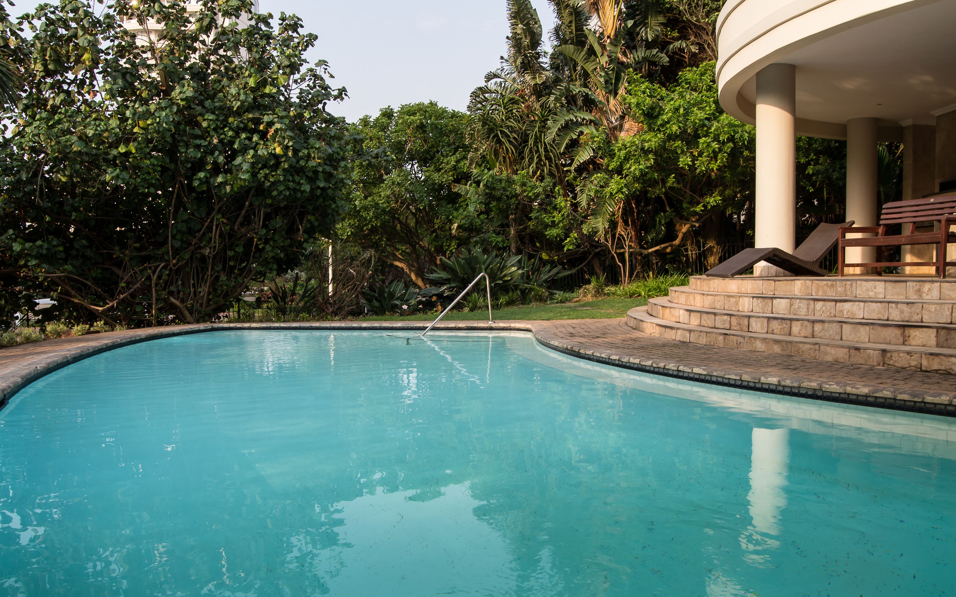 A swimming pool with a curved edge, surrounded by lush greenery and a stone staircase leading to a covered area with benches.