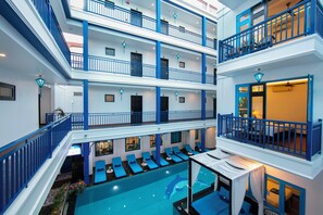 Outdoor pool, pool umbrellas, pool loungers