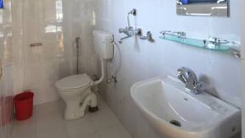 Shower, designer toiletries, hair dryer, slippers