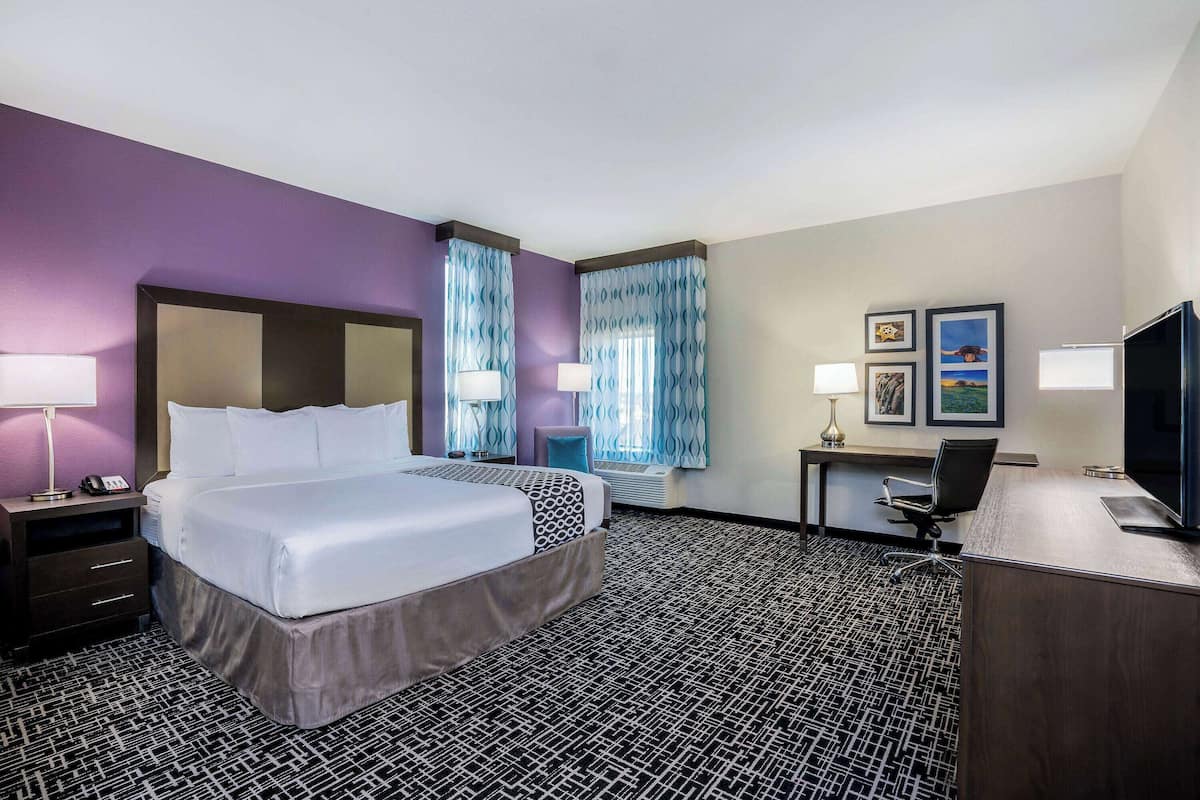 Une chambre d’hôtel avec un grand lit, un bureau, une chaise et un téléviseur.