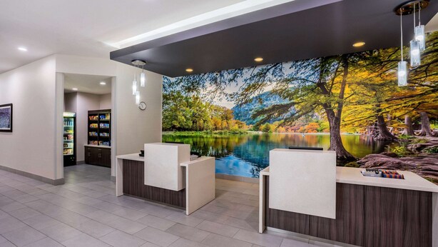Zona de recepción con un mural que muestra un lago y árboles, un mostrador de recepción y una máquina expendedora al fondo.