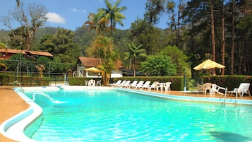 Outdoor pool, pool umbrellas, pool loungers