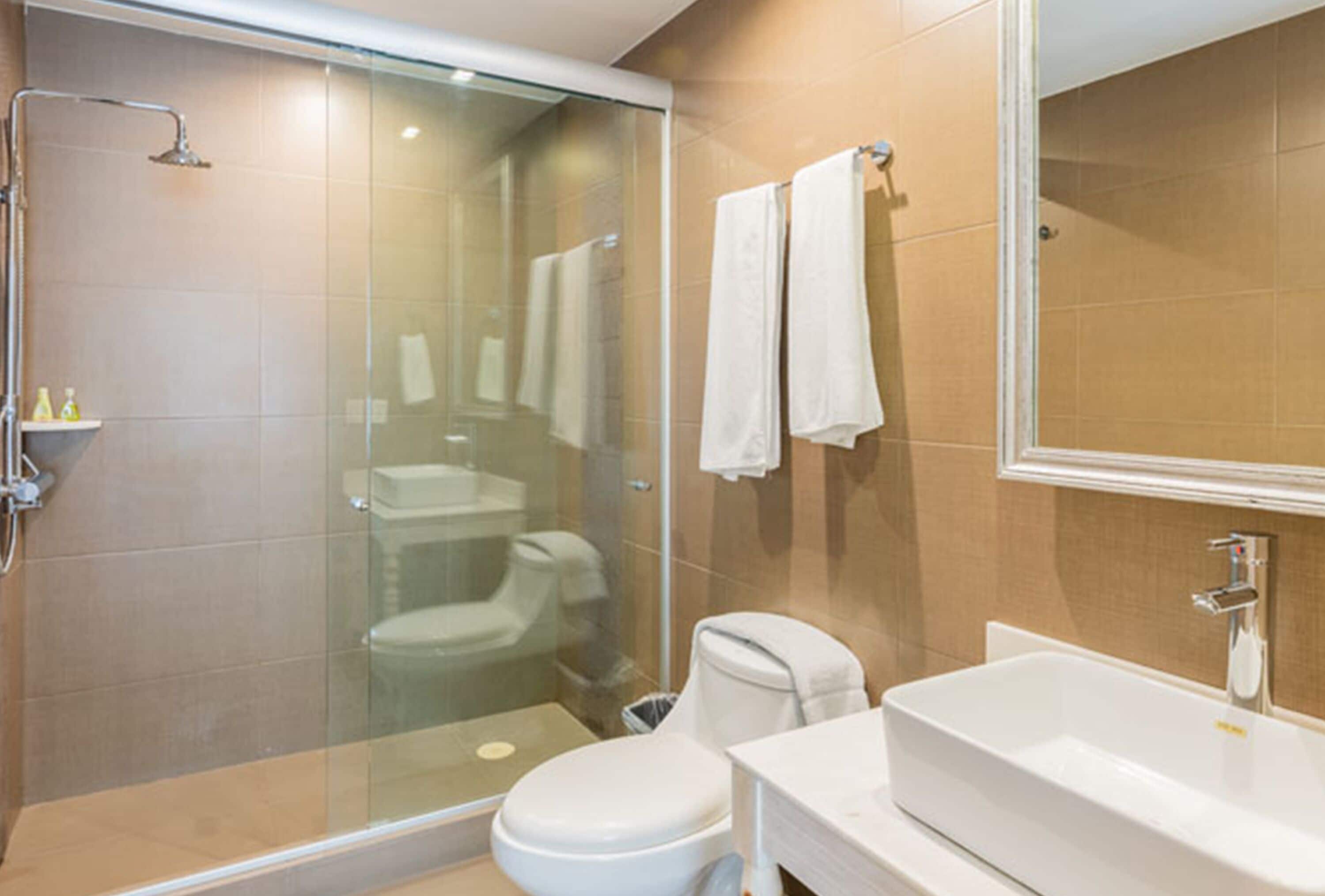 A modern bathroom with a glass-enclosed shower, a toilet, and a sink with a mirror above it.