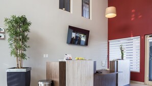 A reception area with a wooden reception desk, a large potted plant, a trash bin, and a mounted television.
