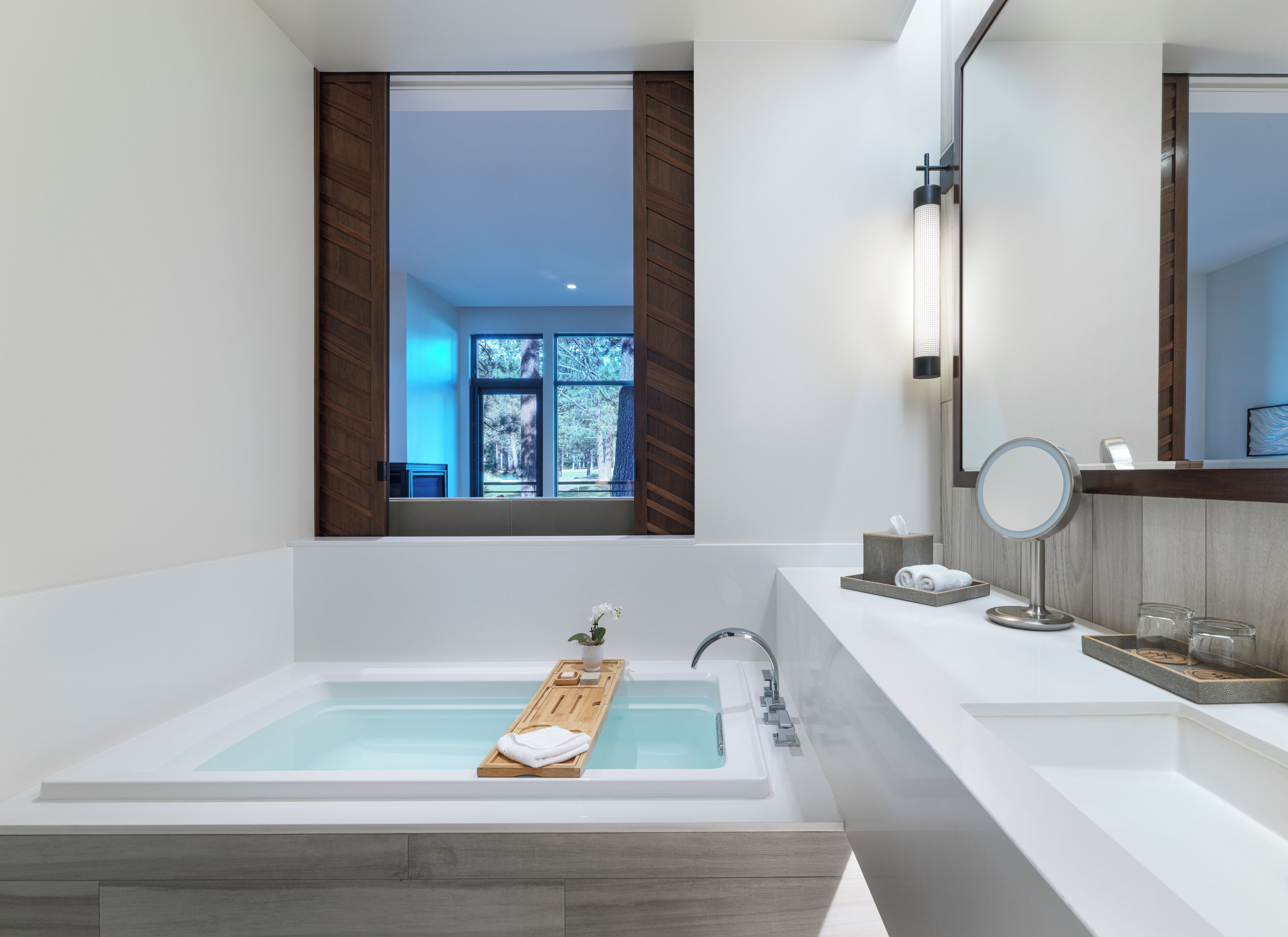 Un baño moderno con una bañera grande, un tocador de madera, un espejo y vistas a un bosque por la ventana.