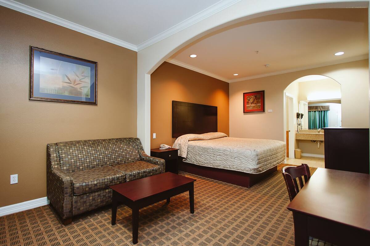 A hotel room with a bed, a sofa, a table, and a desk.