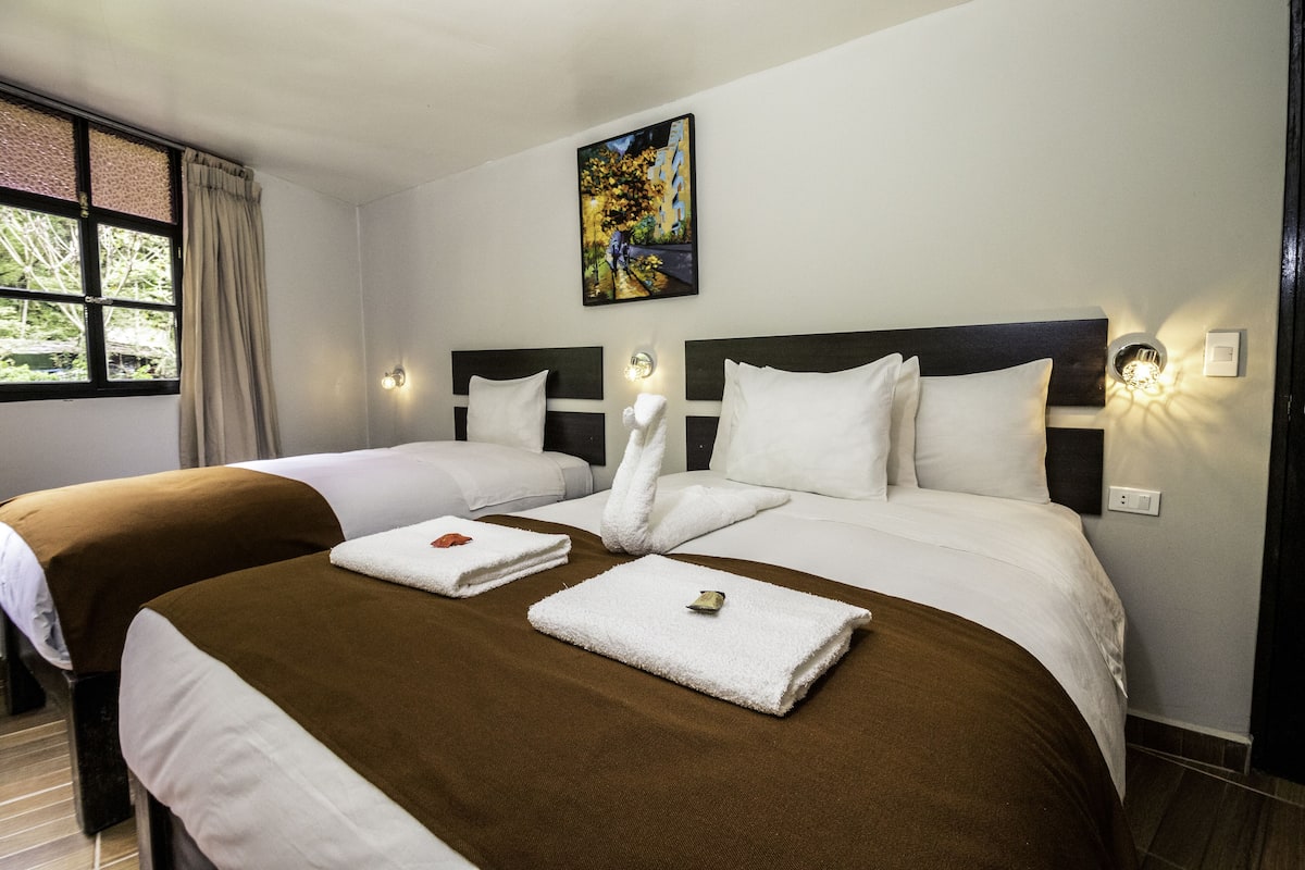 A hotel room with two beds, each with a brown and white duvet, a painting on the wall, and a window with curtains.