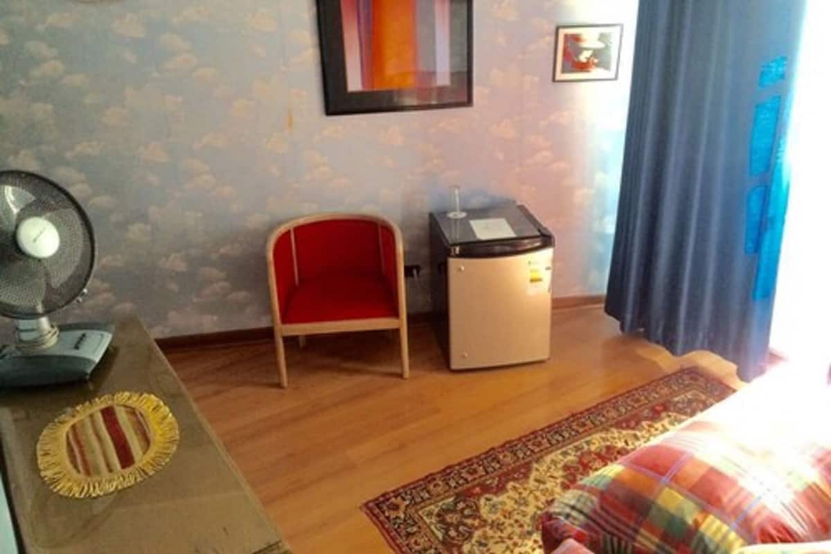 A room with a wooden floor, a red chair, a small table with a fan, a heater, and a patterned rug.