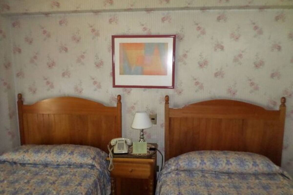 A room with two wooden beds, floral wallpaper, a framed picture on the wall, a bedside table with a lamp and a telephone.