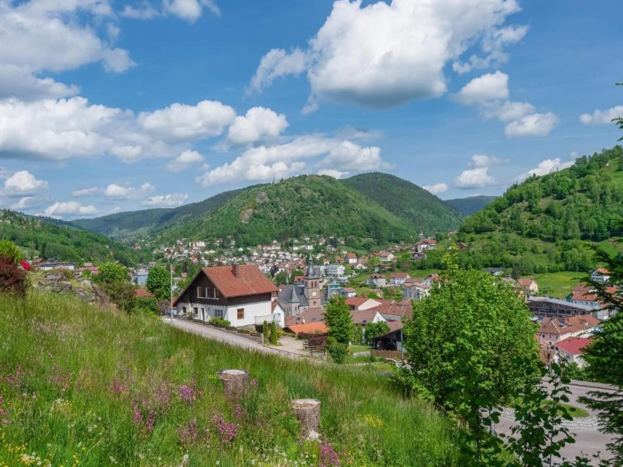 A town nestled in a valley with a prominent church and residential buildings.