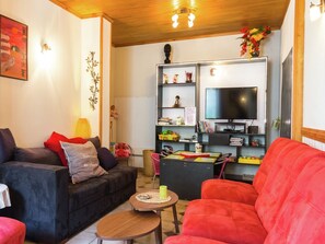 Televisión, chimenea, reproductor de DVD y estéreo 