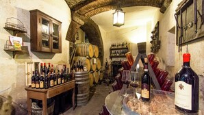 Une cave contenant des barriques de vin, des bouteilles et des verres.