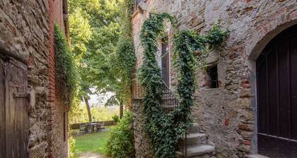 Vierastalo keskiaikainen kylä vieressä linna.