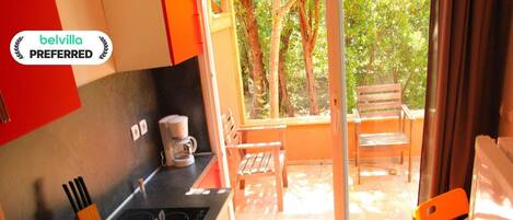 Fridge, microwave, stovetop, high chair