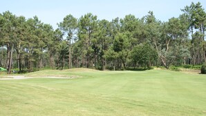 A golf course with a clear sky, surrounded by dense pine trees. - Villa in France by Golf Course with Pool (Gujan Mestras)