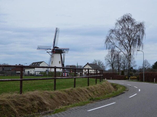 A rural road with a windmill, houses, and a tree. - Holiday Home in Stramproy near Nature Reserve (Stramproy)