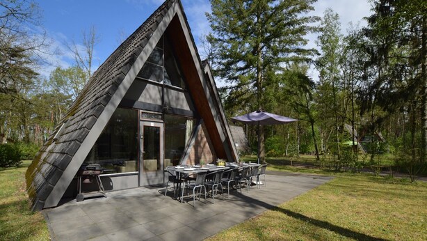 Un bâtiment moderne de forme triangulaire, doté d’un patio avec une table et des chaises, et entouré d’un environnement naturel et boisé.