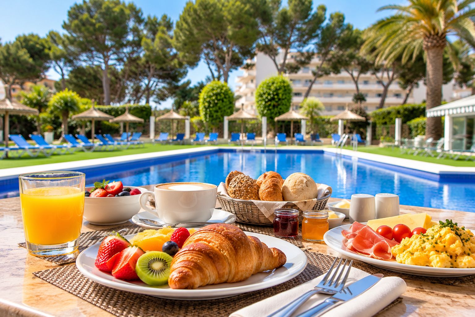 Un buffet de petit-déjeuner installé au bord de la piscine, avec des croissants, des fruits, des œufs brouillés et du jus de fruits.