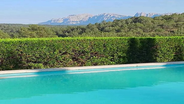 Une piscine avec vue sur une chaîne de montagnes et une haie au premier plan.