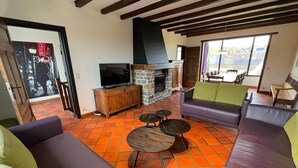 Een woonkamer met een open haard, een televisie en een bank.