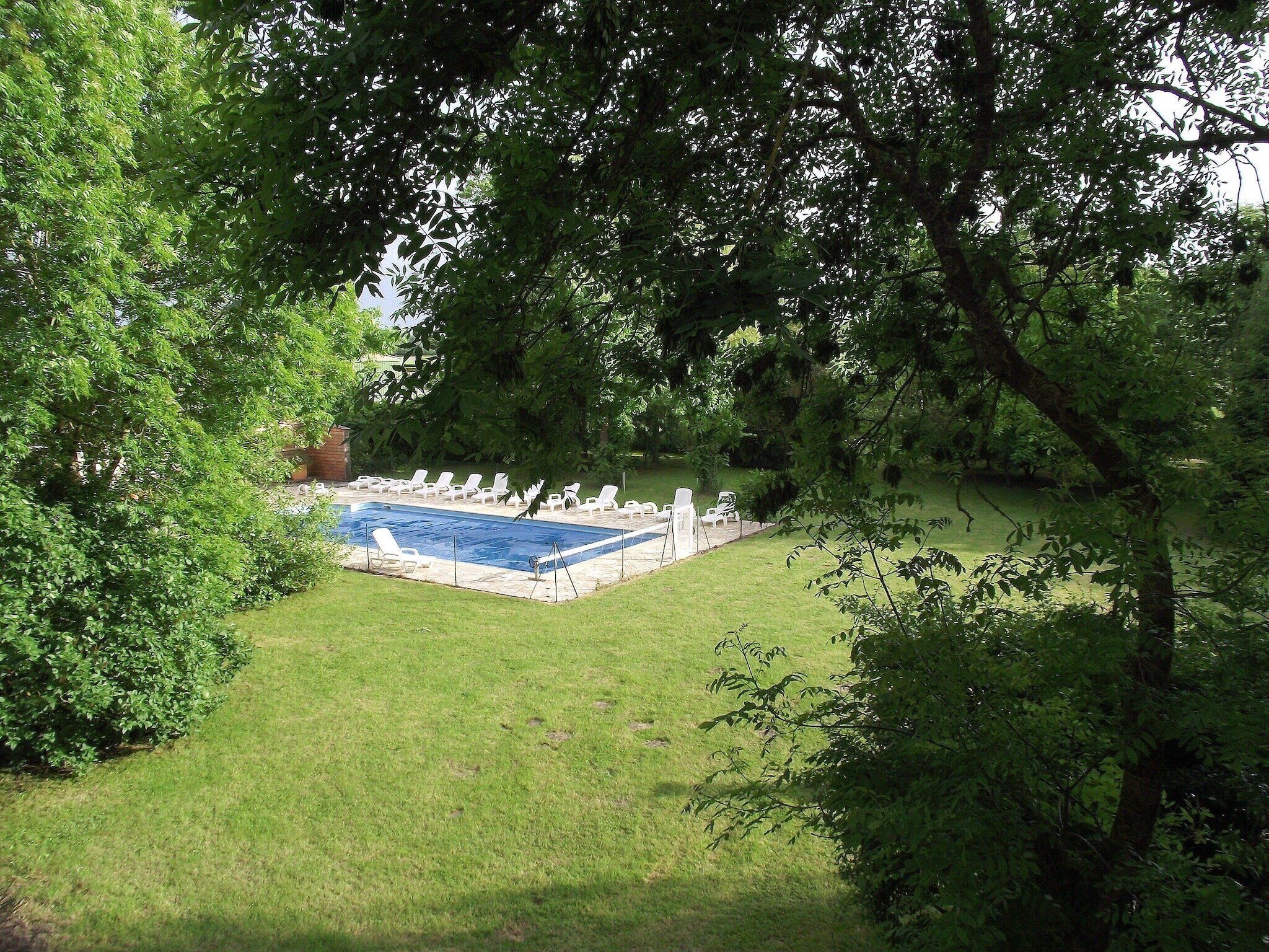 A rectangular swimming pool with a tiled deck, surrounded by a grassy area and trees.