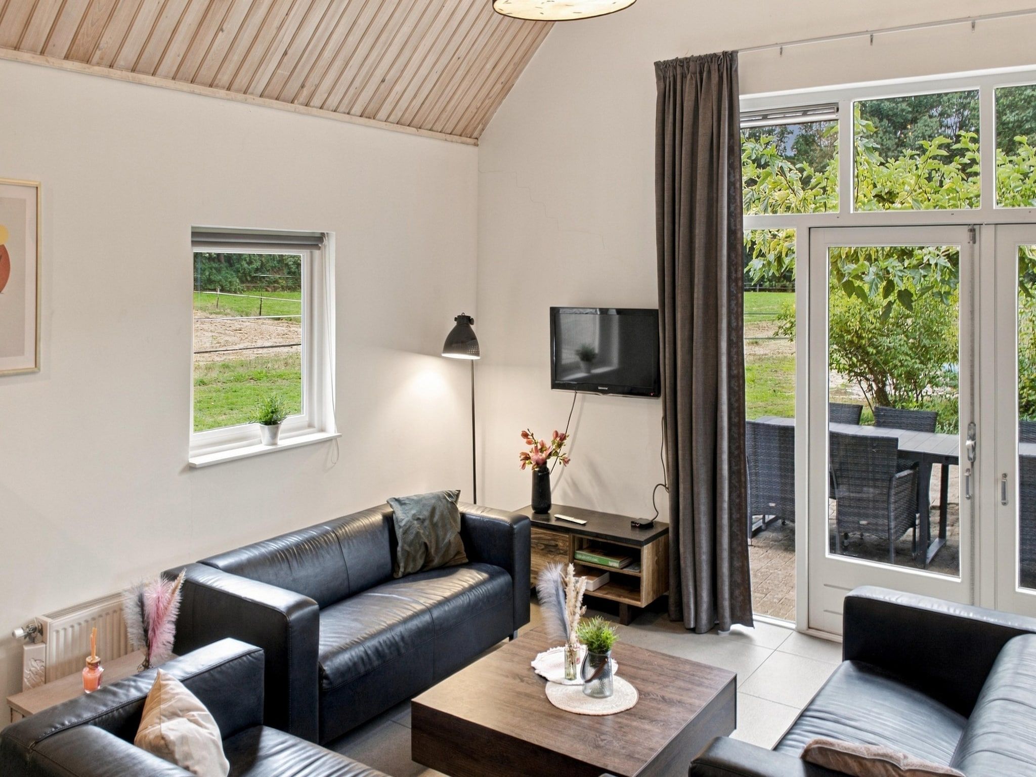 A modern living room with a leather sofa, a coffee table, a TV, and a view of a garden through large windows.