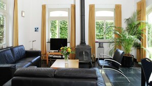 Un salon avec un canapé noir, une table basse en bois, un téléviseur et une cheminée noire. On y trouve des rideaux, une fenêtre et une plante en pot.