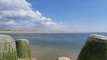 Un paysage côtier avec une plage de sable, une eau calme et un ciel dégagé.