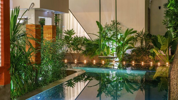 An indoor pool area with a glass barrier, surrounded by lush tropical plants and warm lighting.