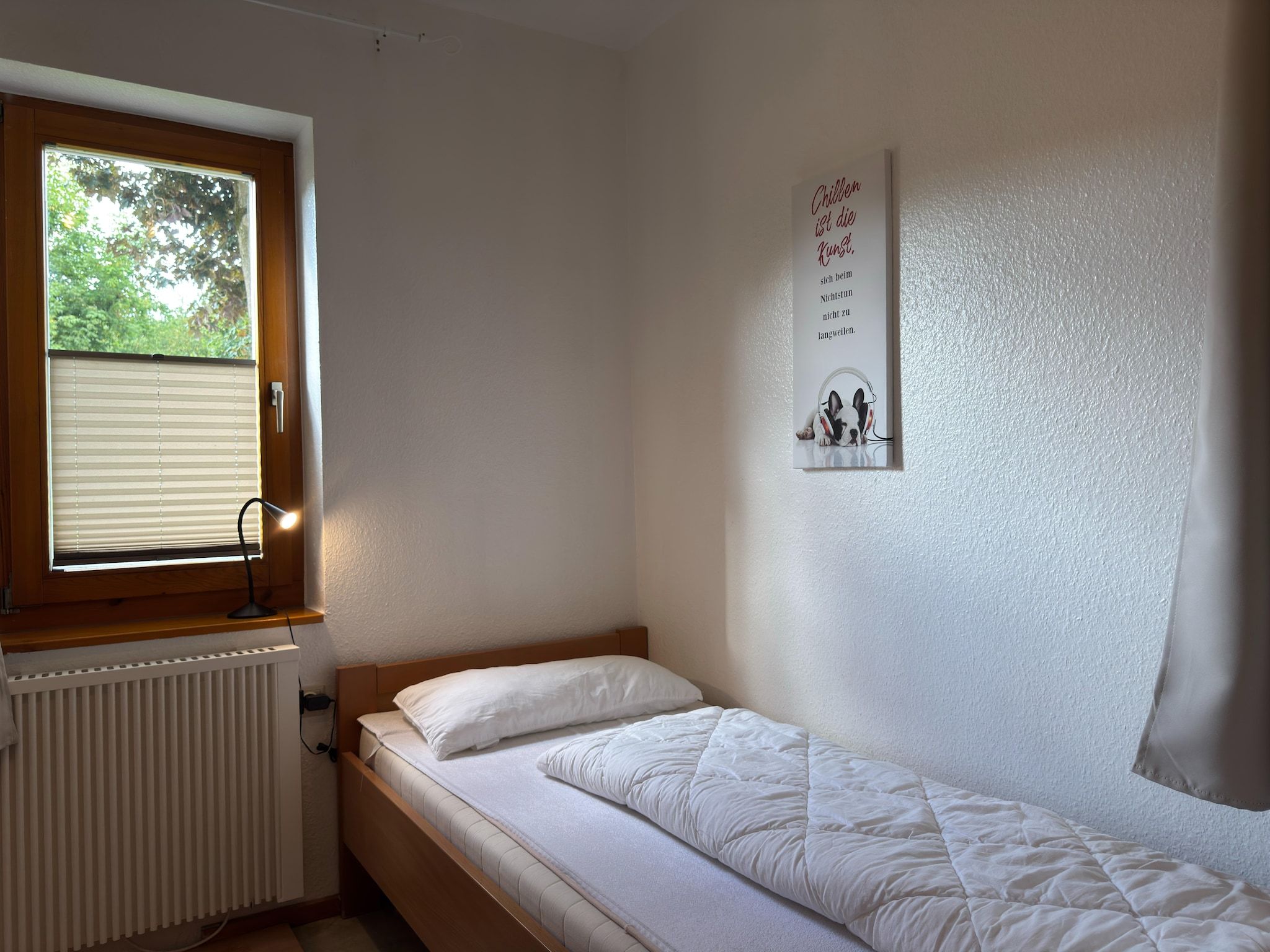 A small, single-bed room with a window, a radiator, and a wall-mounted picture.